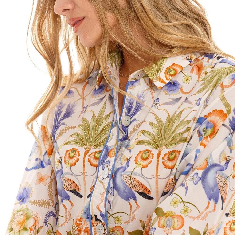 THE LAZY POET 100% Cotton Sissy Blue Jungle Lush Pajama Button Down Top Shirt L